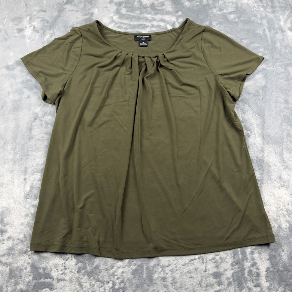 Liz Claiborne Career Woman Olive Green Pleated Neck Short Sleeve Blouse 1X